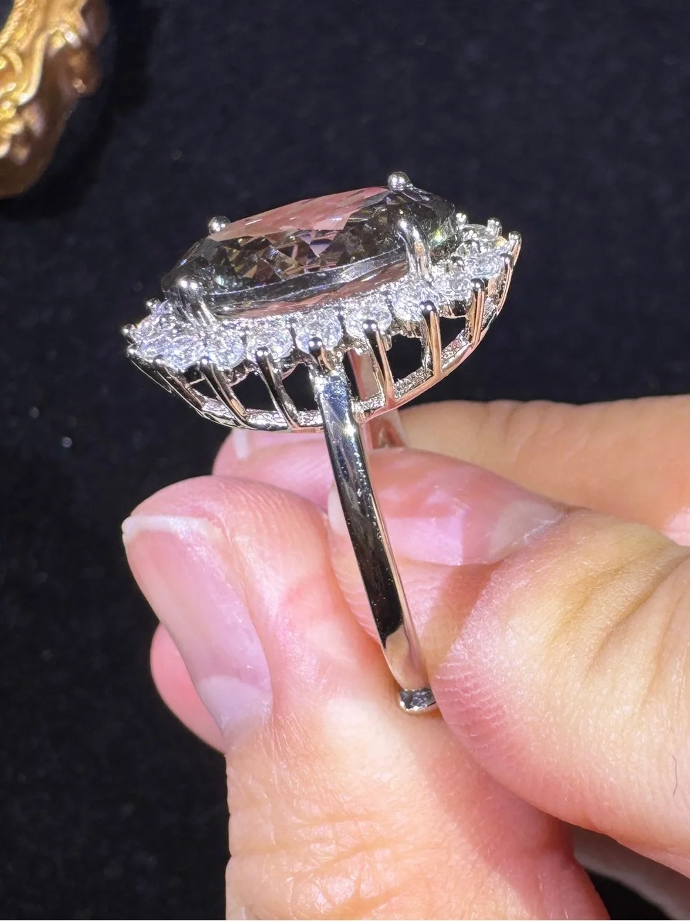 Fingerprint Cut CZ Gray Green Adjustable Ring